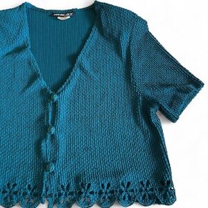 Vintage 90s Sharade Teal Cropped Cardigan - Size Large